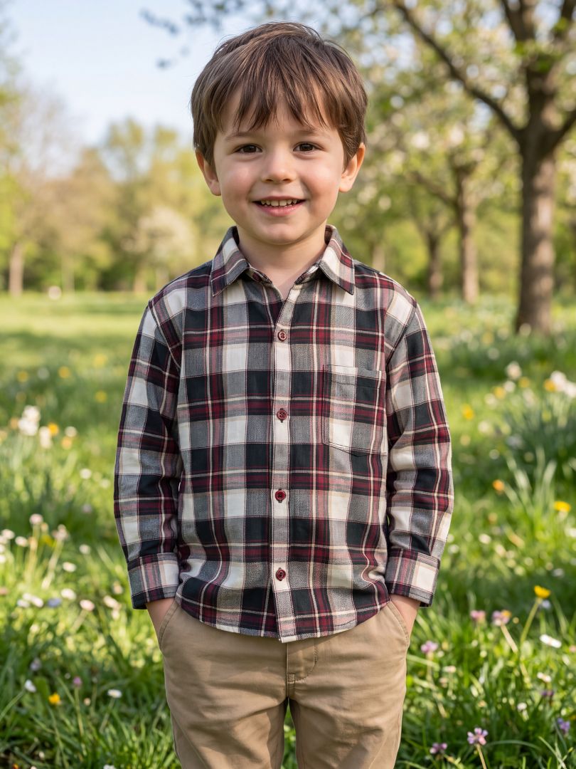Camisa Franela Infantil Burdeo/Beige 100% Algodón