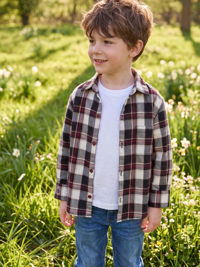 Camisa Franela Infantil Burdeo/Beige 100% Algodón
