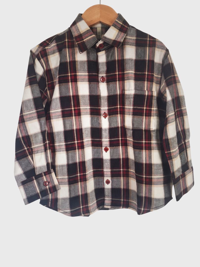 Camisa Franela Infantil Burdeo/Beige 100% Algodón