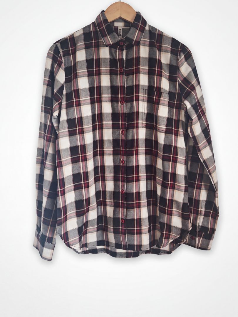 Camisa Franela Mujer Burdeo/Beige 100% Algodón