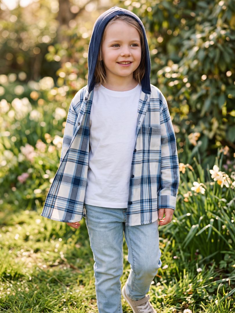 Camisa Franela infantil con capucha Azul con blanco 100% Algodón