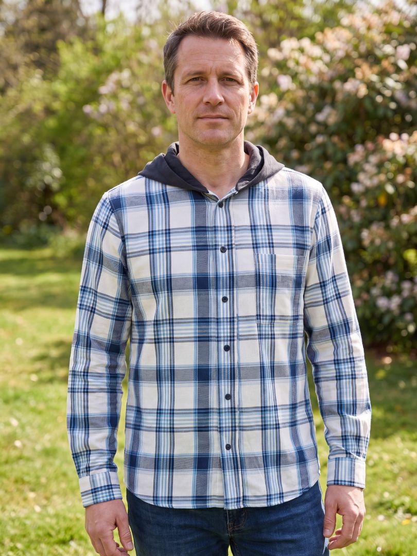 Camisa Franela Hombre con Capucha Azul con blanco 100% Algodón