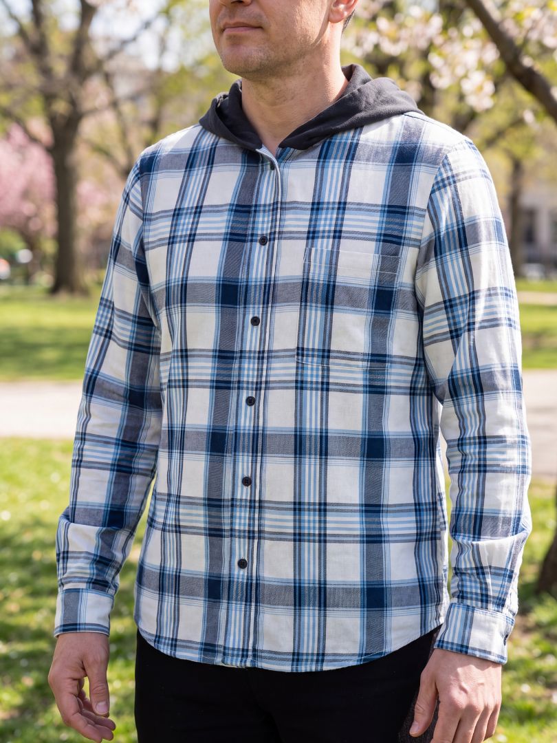 Camisa Franela Hombre con Capucha Azul con blanco 100% Algodón