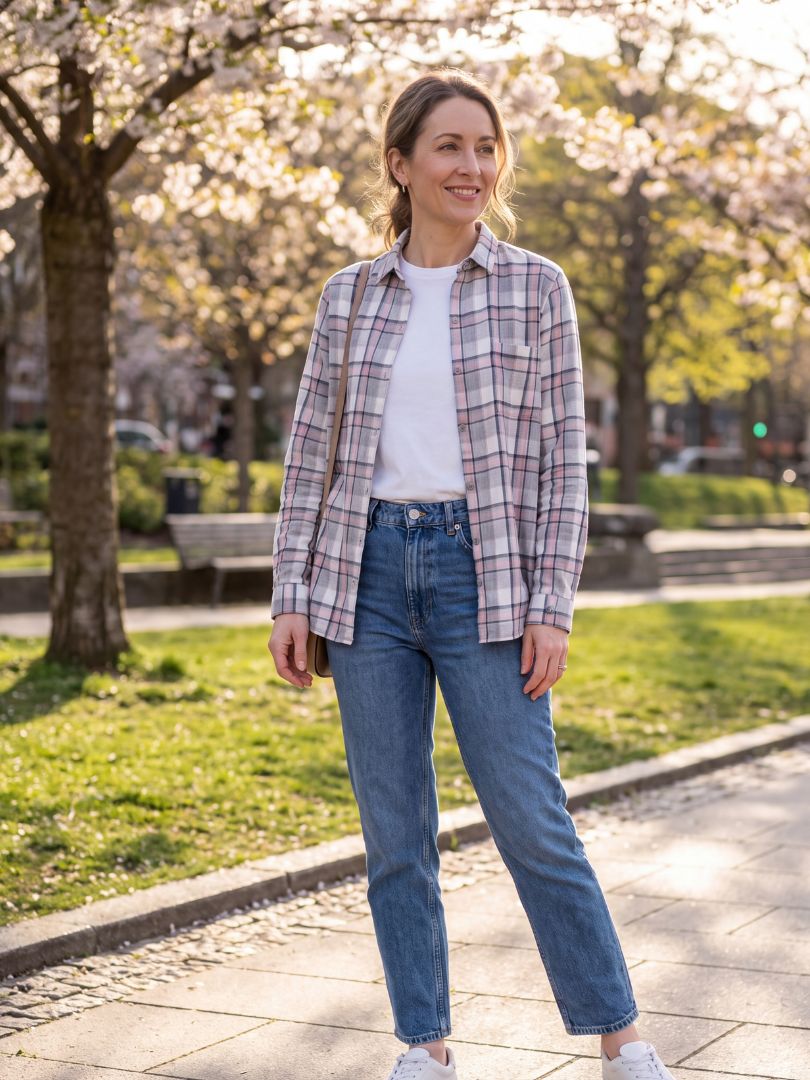 Camisa Franela Mujer Gris/Rosado 100% Algodón