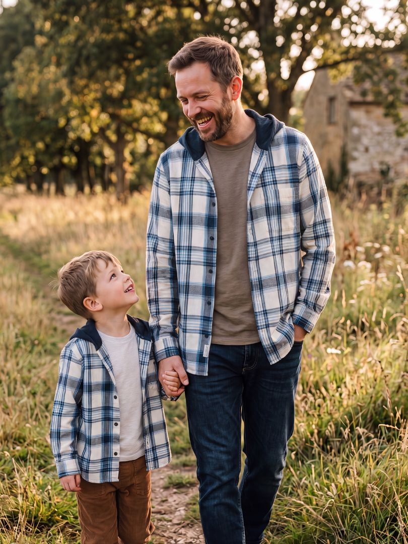 Pack 2 Camisas Franela con capucha Papá + hijo Azul con blanco 100% Algodón
