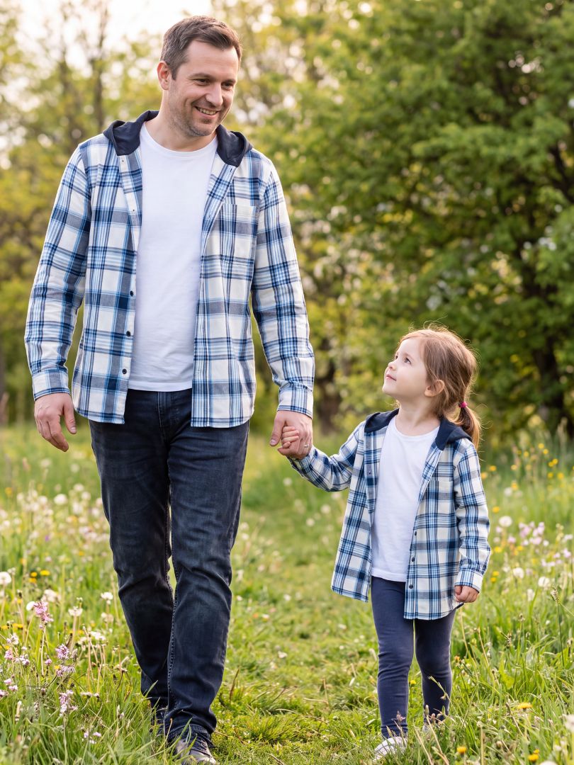 Pack 2 Camisas Franela con capucha Papá + hijo Azul con blanco 100% Algodón