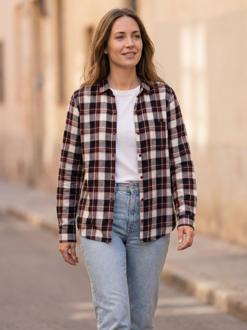 Camisa Franela Mujer Cuadrillé Burdeo/Beige | 100% Algodón