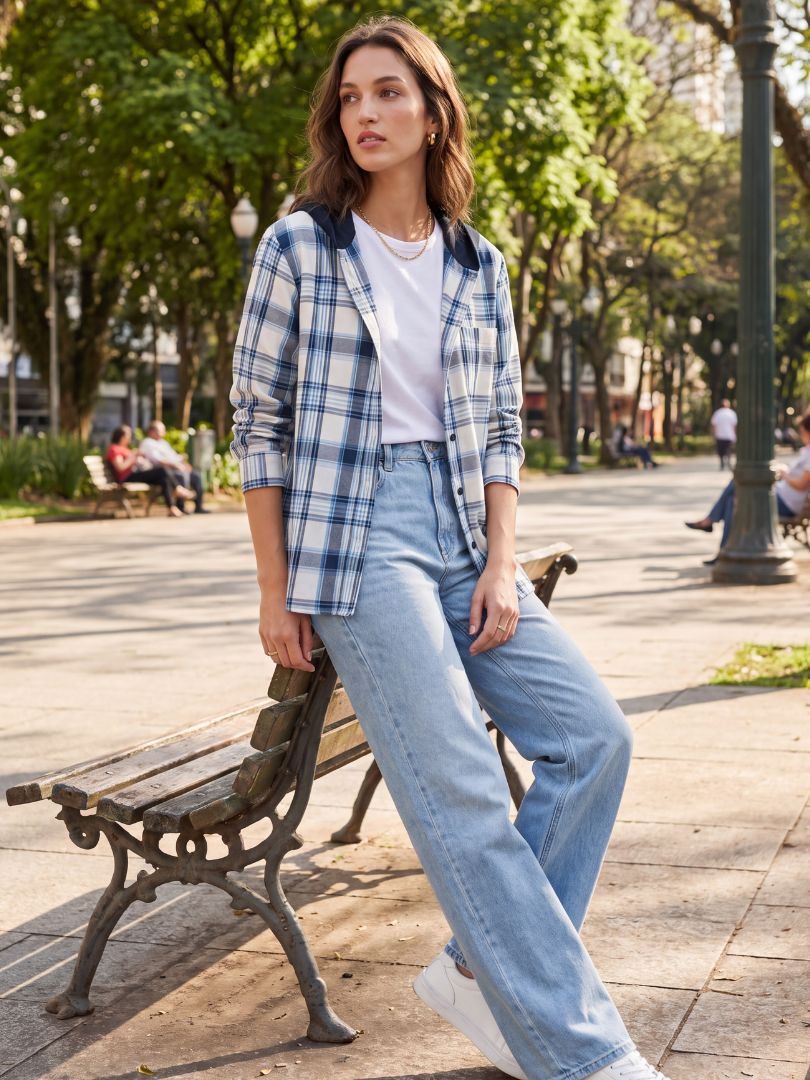 Camisa Franela Mujer con Capucha Azul con blanco 100% Algodón
