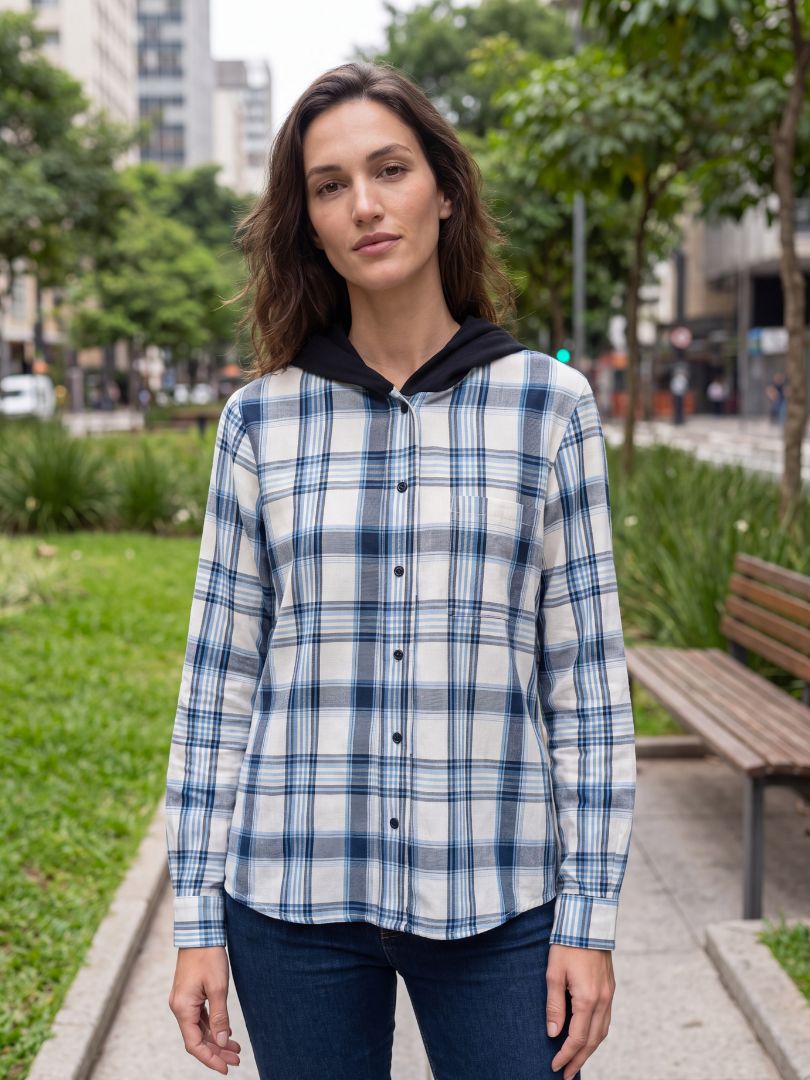Camisa Franela Mujer con Capucha Azul con blanco 100% Algodón