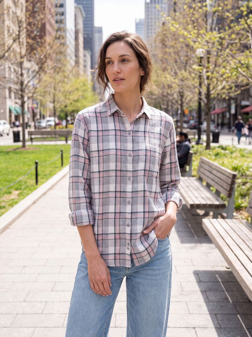 Camisa Franela Mujer Gris/Rosado 100% Algodón