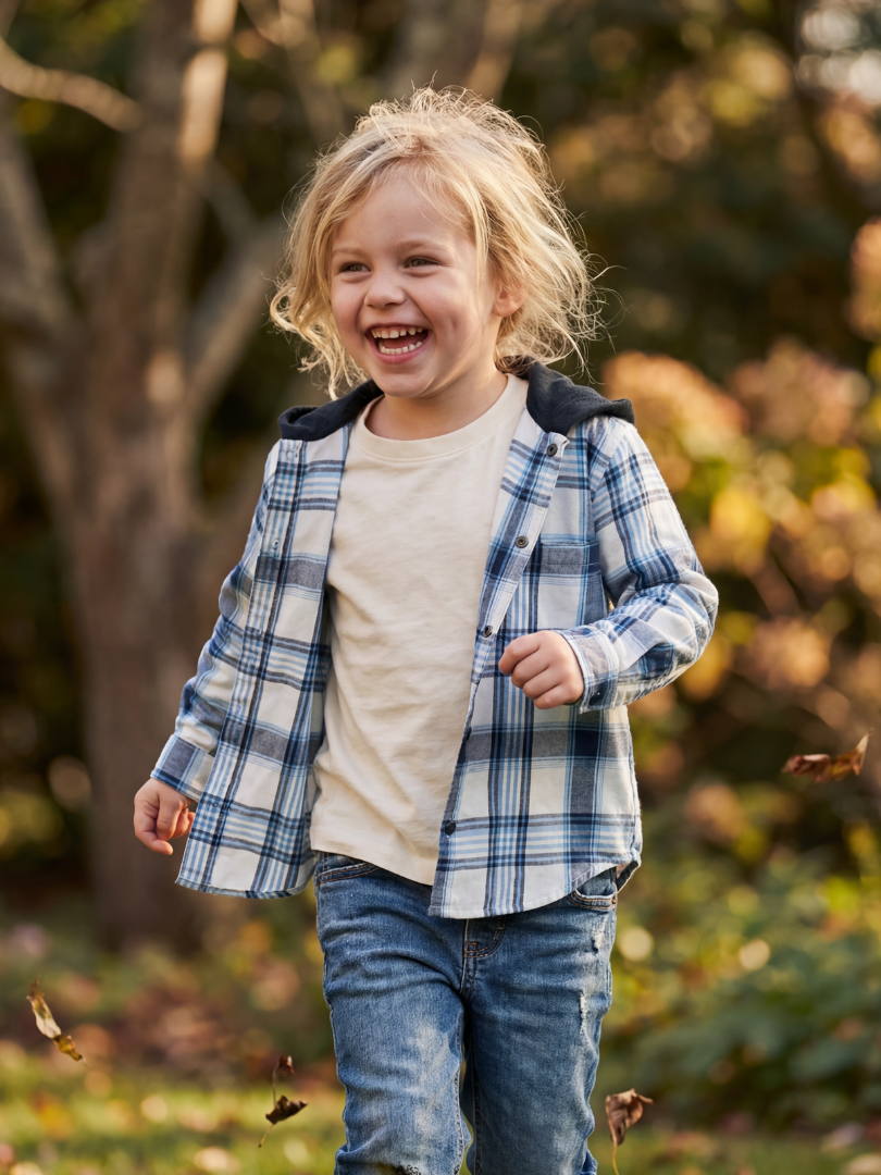 Camisa Franela infantil con capucha Cuadrillé azul | 100% Algodón