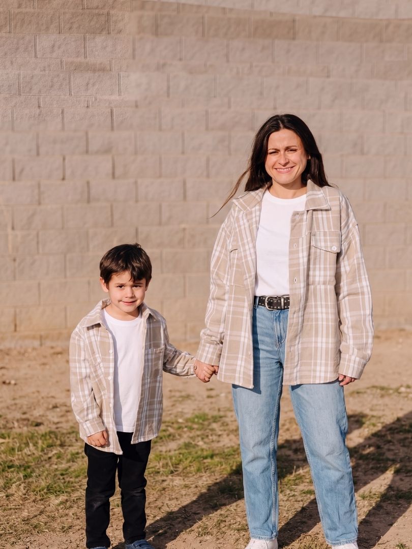 Pack 2 Camiseras Mamá + hijo cuadrillé 100% Algodón Beige/blanco