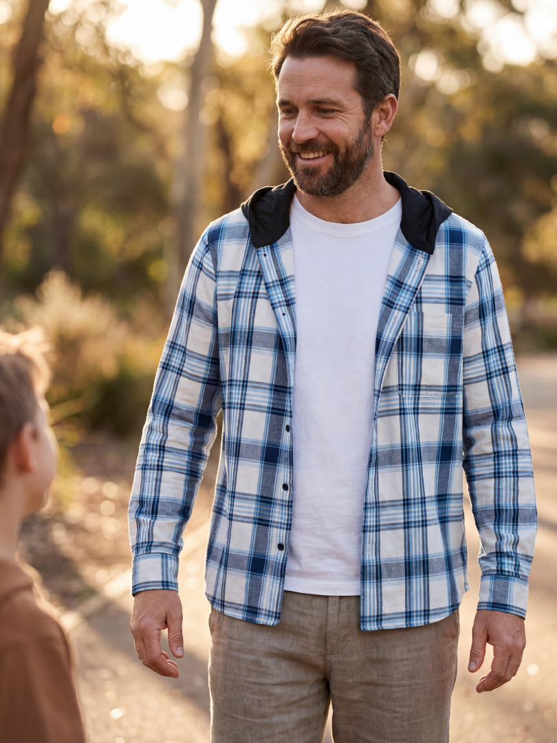 Camisa Franela Hombre con Capucha | Azul con blanco 100% Algodón