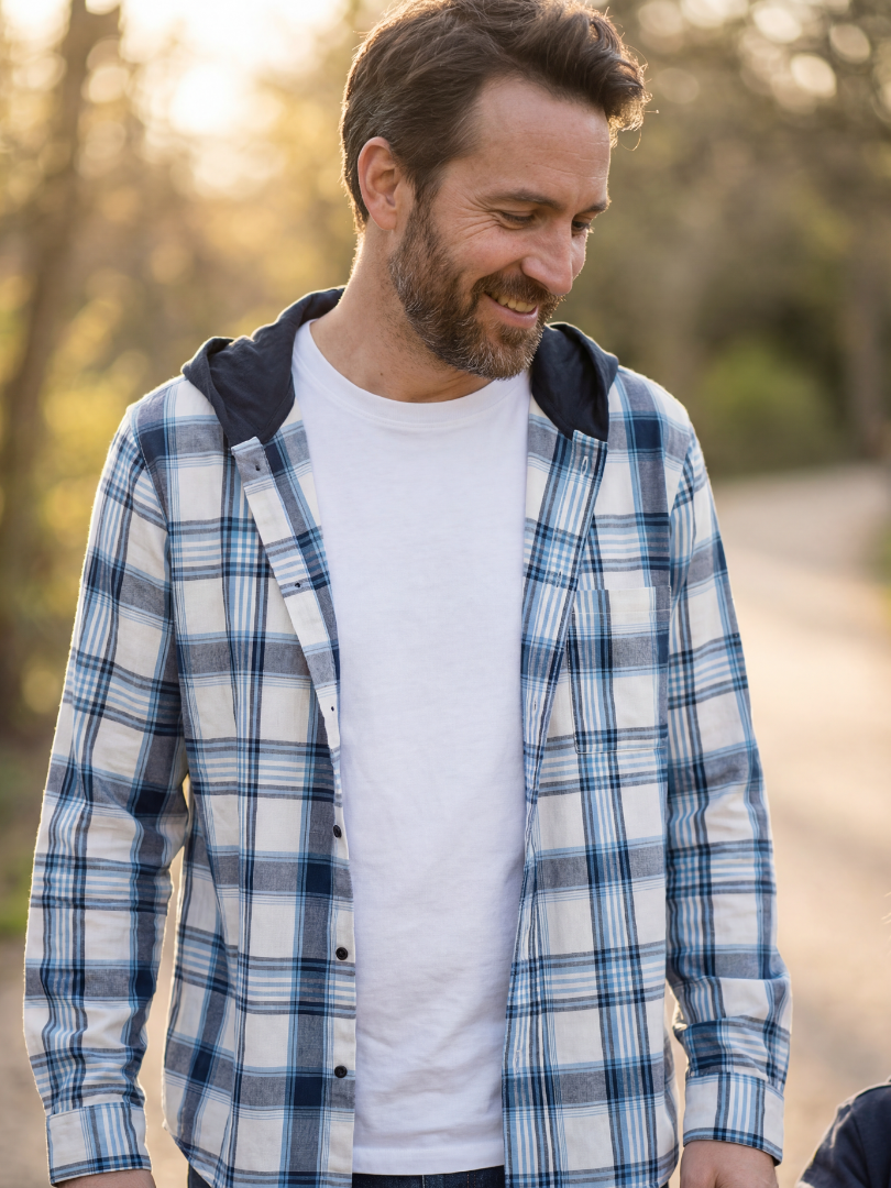 Camisa Franela Hombre con Capucha Cuadrillé Azul | 100% Algodón