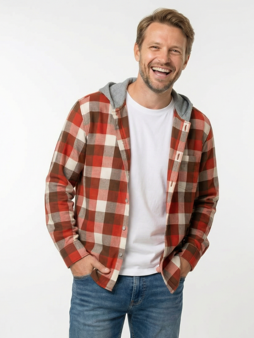 Camisa con capucha Hombre 100% algodón Franela cuadros terracota con blanco