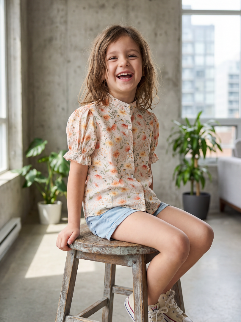 Blusa niña Flores cuello Mao 100% Viscosa