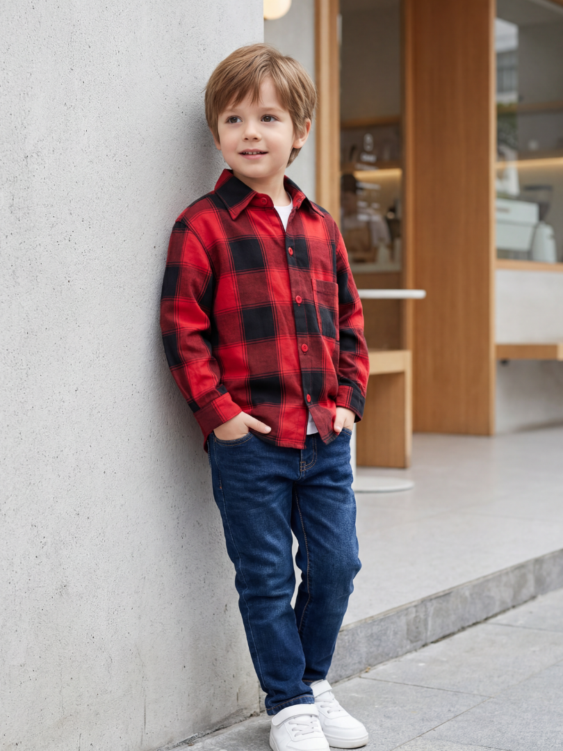 Camisa niño Franela Aurelio cuadros rojo con negro