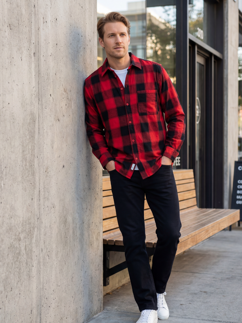 Camisa Hombre Franela Aurelio cuadros rojo con negro