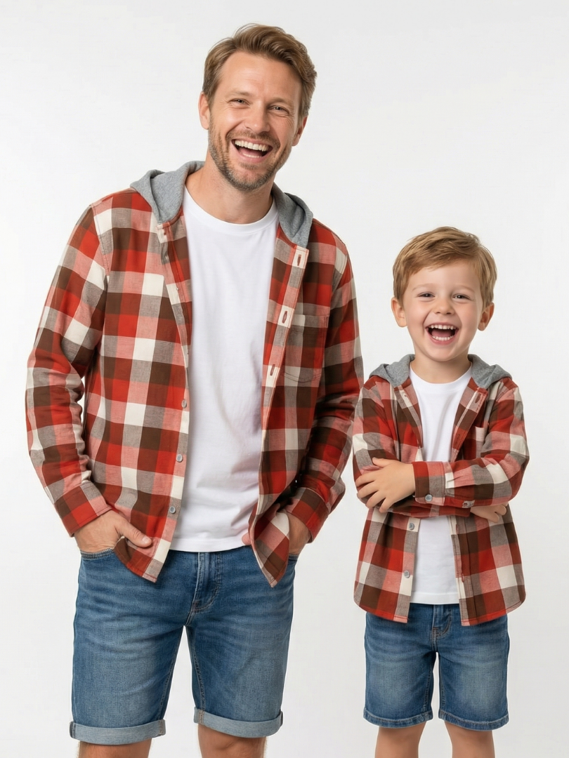 Pack 2 Camisas con capucha Papá + hijo/a cuadros terracota con blanco