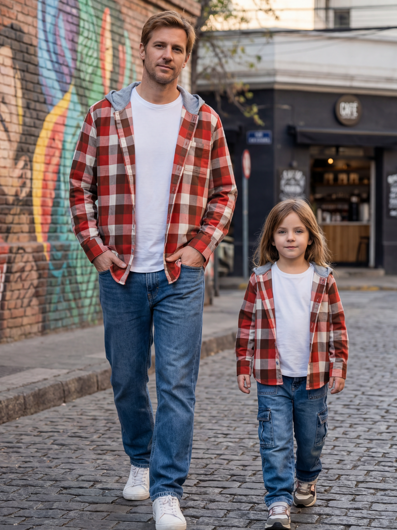 Pack 2 Camisas con capucha Papá + hijo/a cuadros terracota con blanco