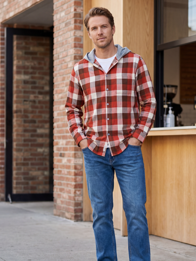 Camisa con capucha Hombre 100% algodón Franela cuadros terracota con blanco