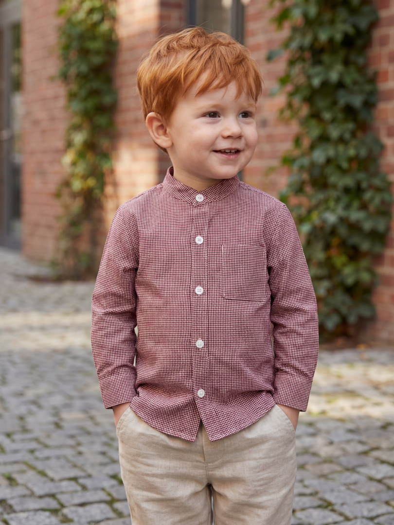 Camisa niño cuello Mao 100% algodón estilo Vichy