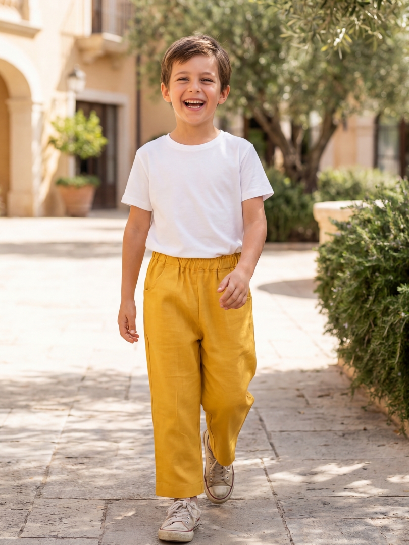 Pantalón niño 100% Lino color mostaza