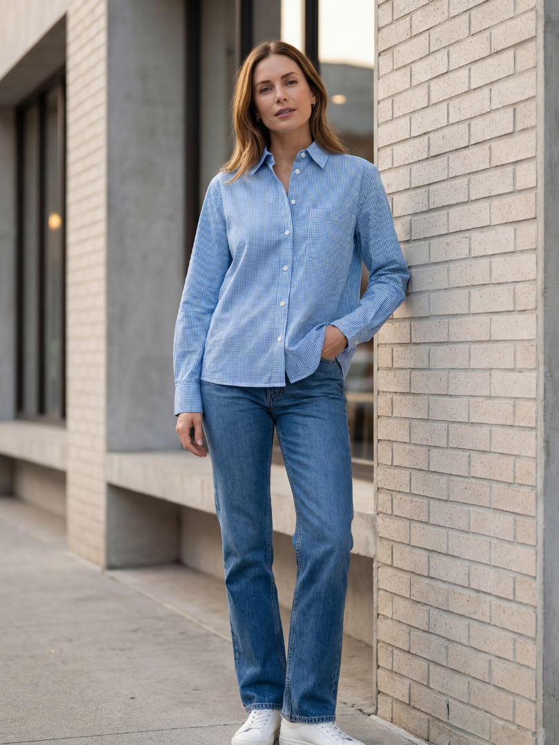 Camisa Mujer cuello camisa 100% algodón estilo Vichy