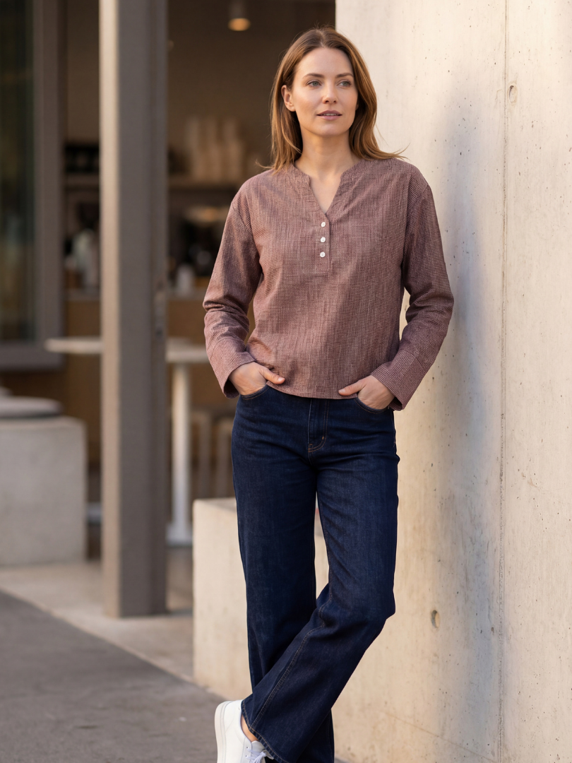 Camisa Mujer 100% algodón cuello V estilo Vichy