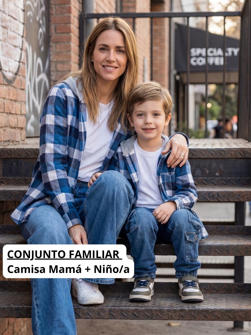 Pack 2 Camisas con capucha Mamá + hijo/a cuadros azul con blanco