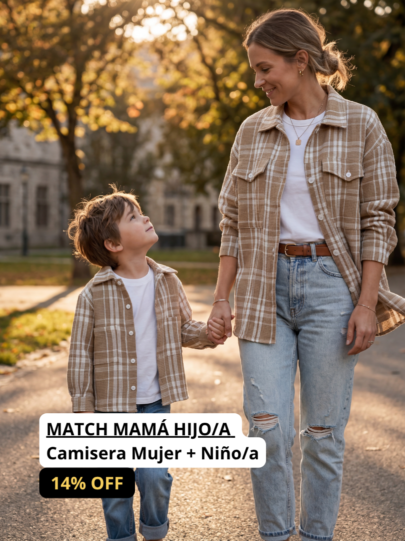 Pack 2 Camiseras Mamá + hijo/a | Cuadrillé Beige/blanco | 100% Algodón