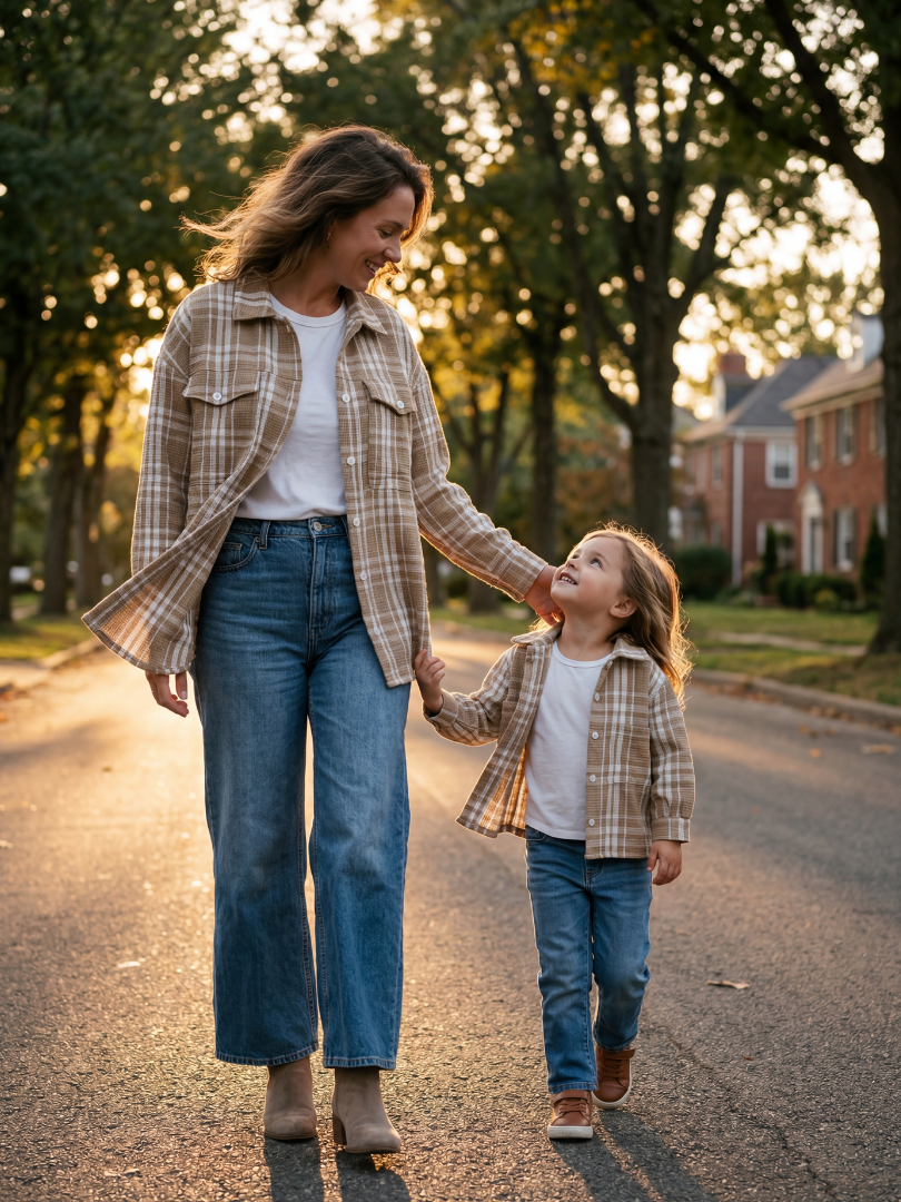 Pack 2 Camiseras Mamá + hijo/a | Cuadrillé Beige/blanco | 100% Algodón