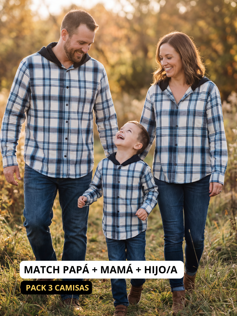 Pack 3 Camisas Franela con capucha Papá + Mamá + hijo/a | Azul con blanco 100% Algodón