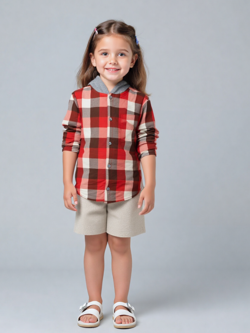 Camisa con capucha niño/a 100% algodón franela cuadros terracota con blanco