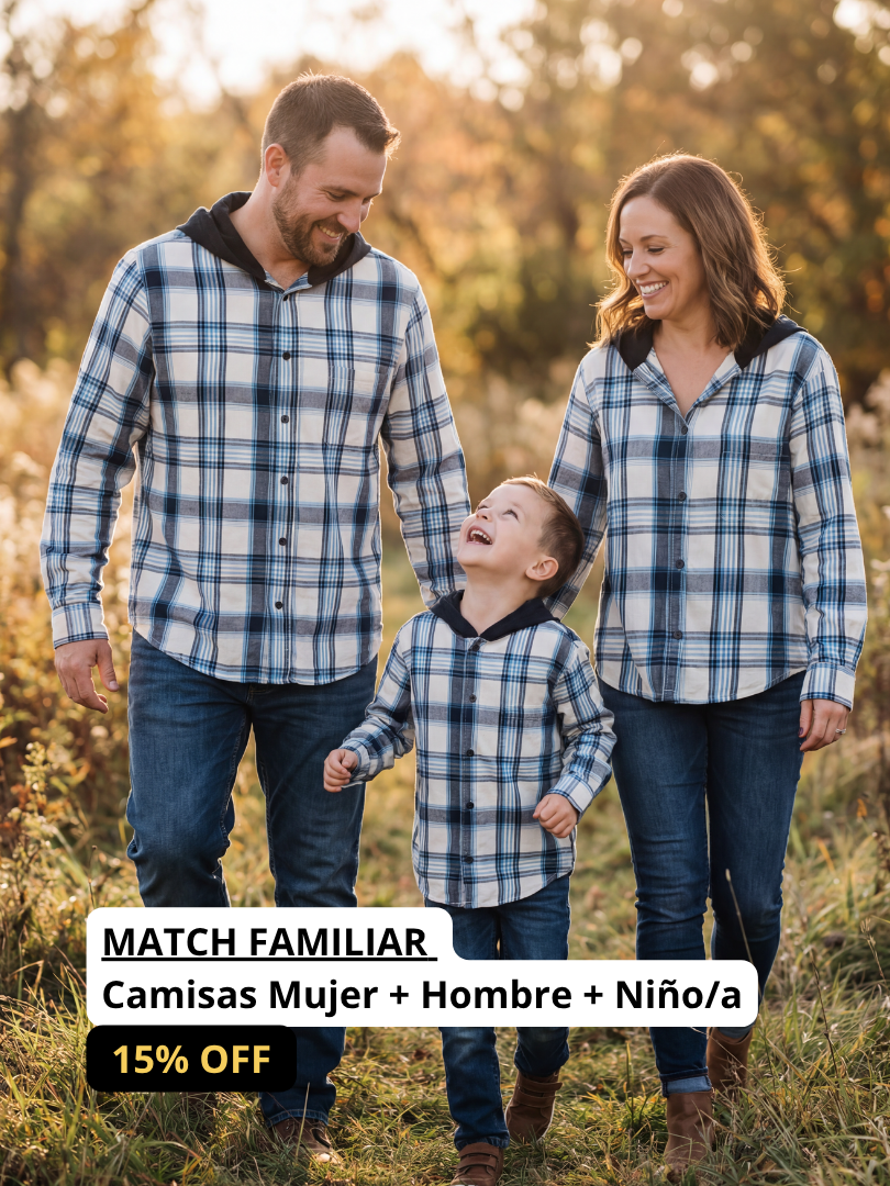 Pack 3 Camisas Franela Papá + Mamá + hijo/a | Cuadrillé Azul con Capucha | 100% Algodón