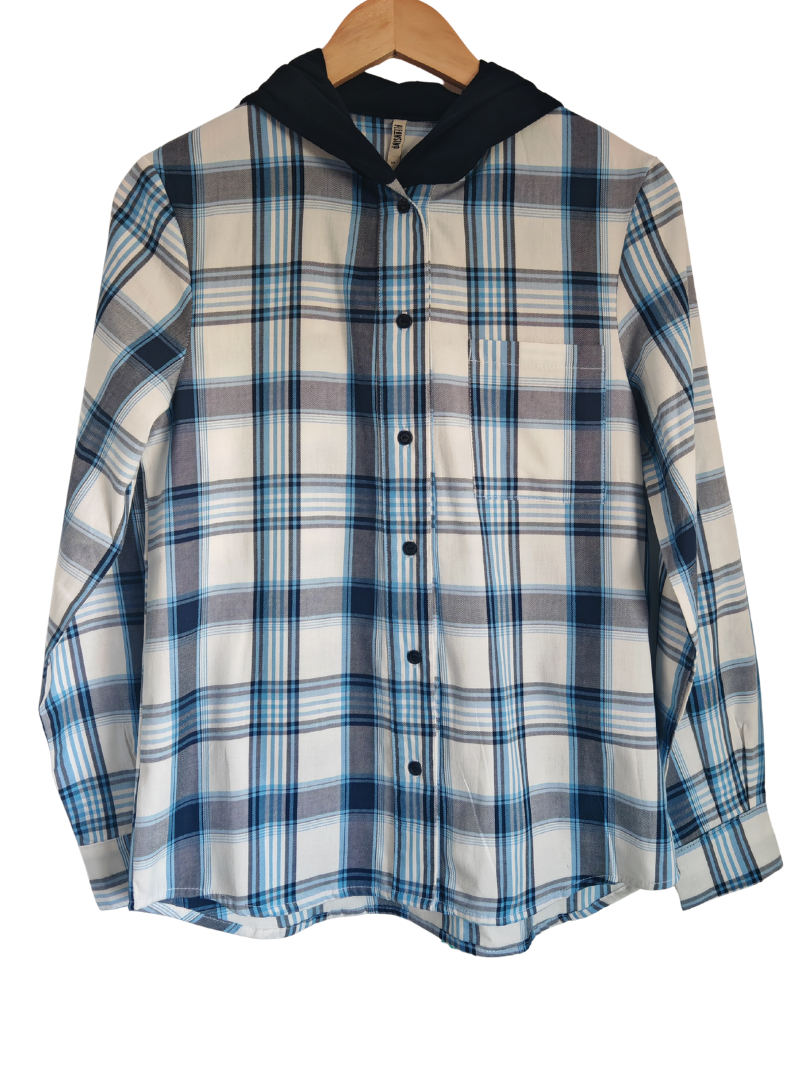 Pack 2 Camisas Franela Mamá + hijo/a | Cuadrillé Azul con Capucha | 100% Algodón