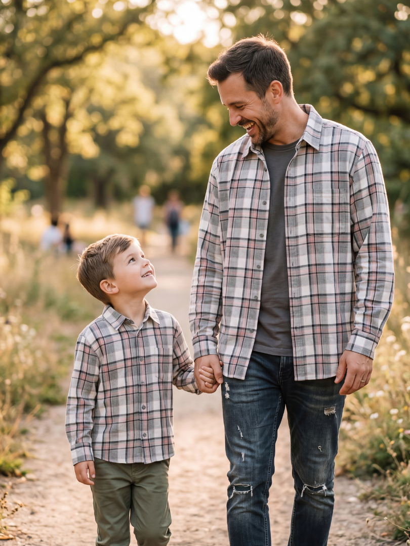 Pack 2 Camisas Franela Papá + hijo/a | Gris/Rosado 100% Algodón