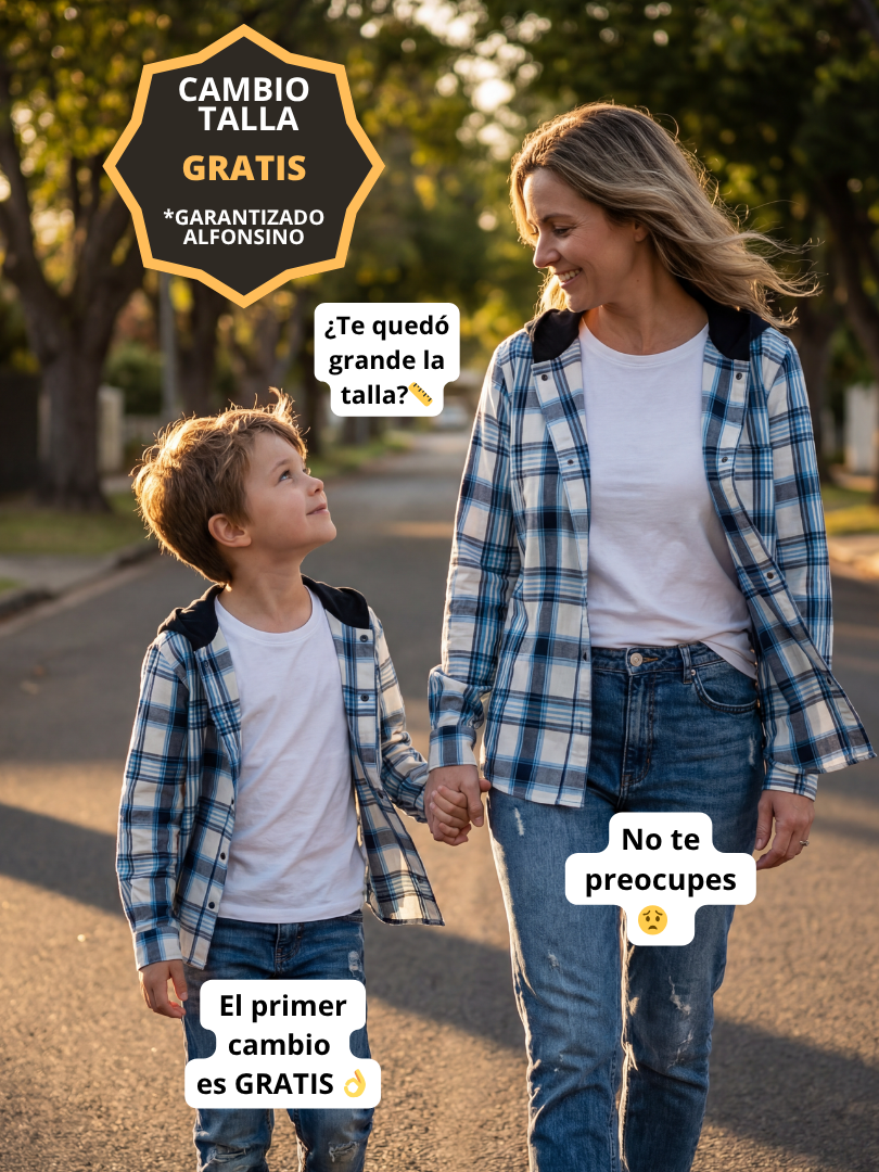 Pack 2 Camisas Franela Mamá + hijo/a | Cuadrillé Azul con Capucha | 100% Algodón