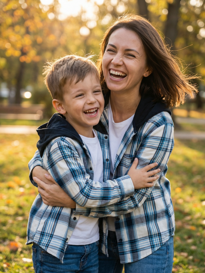 Pack 2 Camisas Franela Mamá + hijo/a | Cuadrillé Azul con Capucha | 100% Algodón