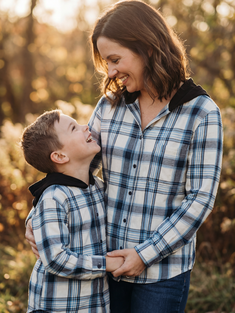 Pack 2 Camisas Franela Mamá + hijo/a | Cuadrillé Azul con Capucha | 100% Algodón