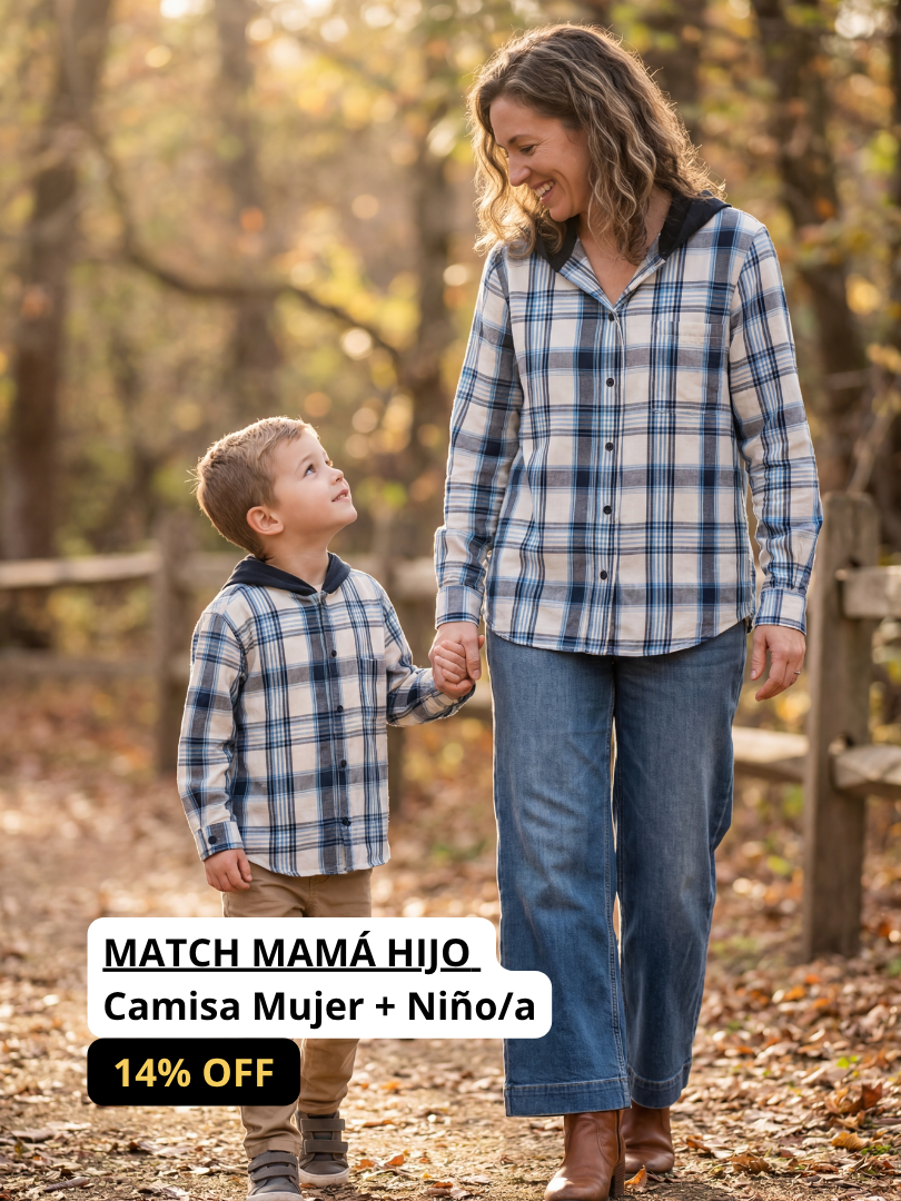 Pack 2 Camisas Franela Mamá + hijo/a | Cuadrillé Azul con Capucha | 100% Algodón