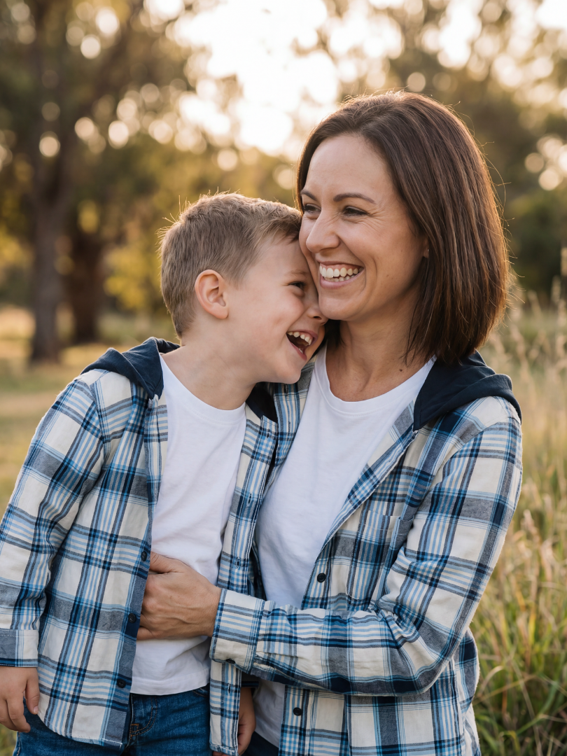Pack 2 Camisas Franela Mamá + hijo/a | Cuadrillé Azul con Capucha | 100% Algodón