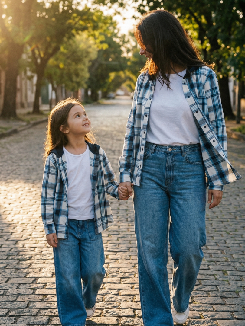 Pack 2 Camisas Franela Mamá + hijo/a | Cuadrillé Azul con Capucha | 100% Algodón