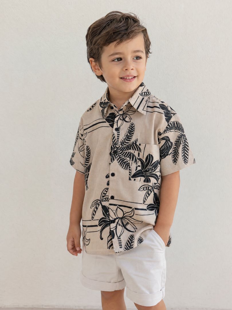 Guayabera Niño Tropical Crudo/Negro 100% Viscosa