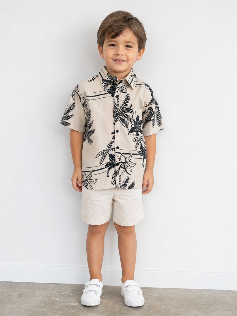 Guayabera Niño Tropical Crudo/Negro 100% Viscosa
