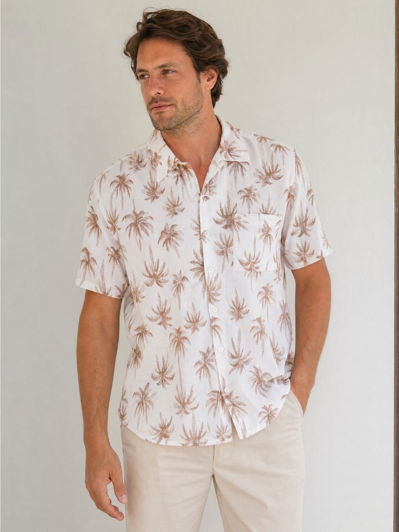 Guayabera Hombre Palmeras Crudo/Terracota 100% Algodón
