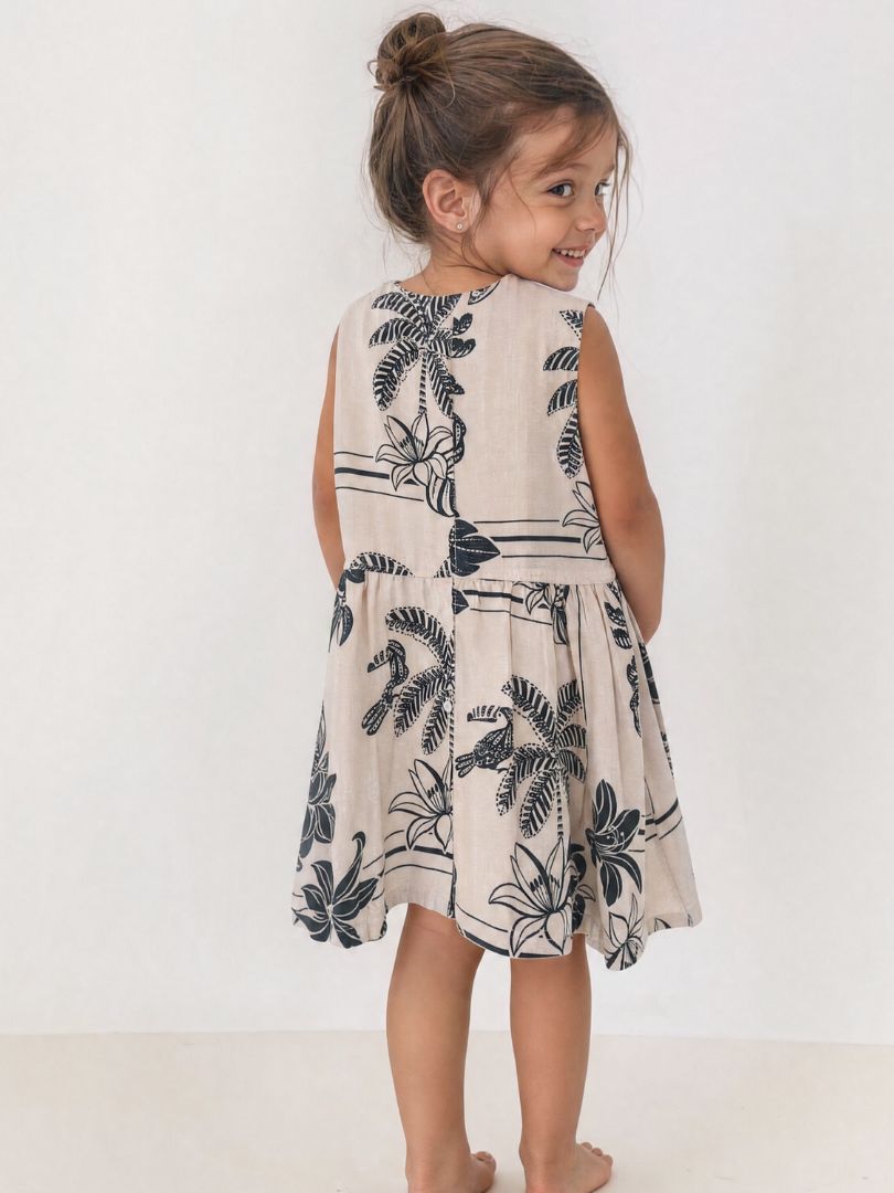 Vestido Niña Tropical Crudo/Negro 100% Viscosa