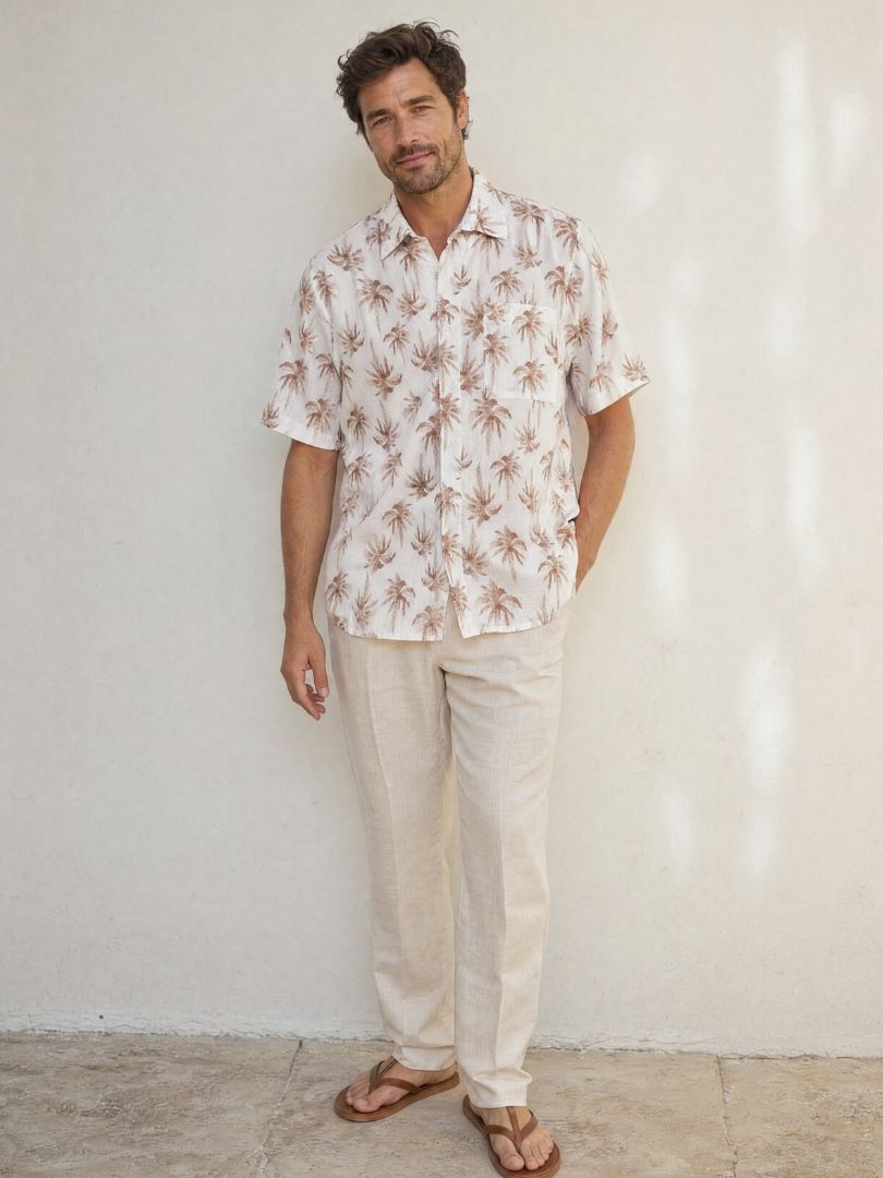 Guayabera Hombre Palmeras Crudo/Terracota 100% Algodón