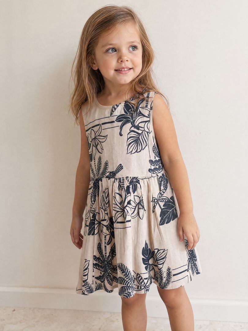 Vestido Niña Tropical Crudo/Negro 100% Viscosa