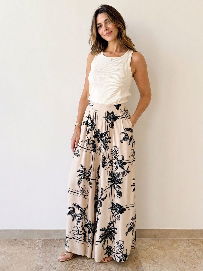 Pantalón Palazzo Mujer Tropical Crudo/Negro 100% Viscosa